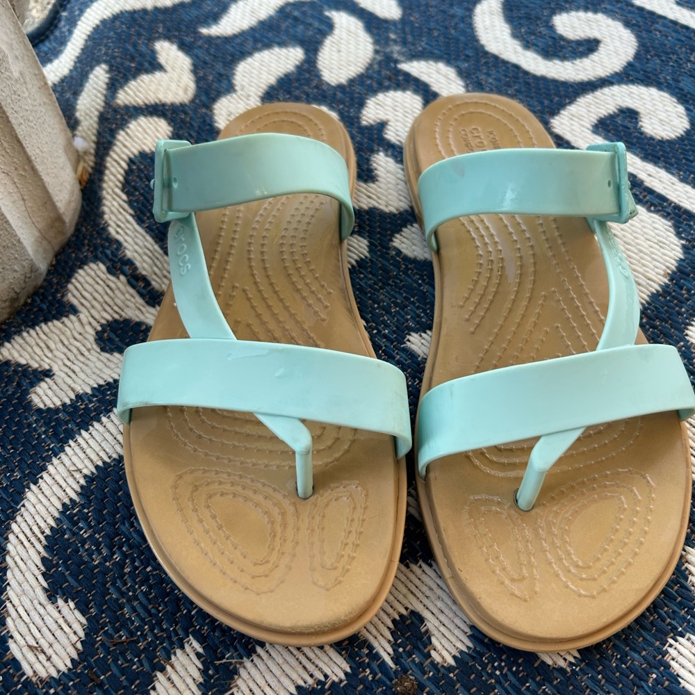CROCS Light Blue and Tan Sandals